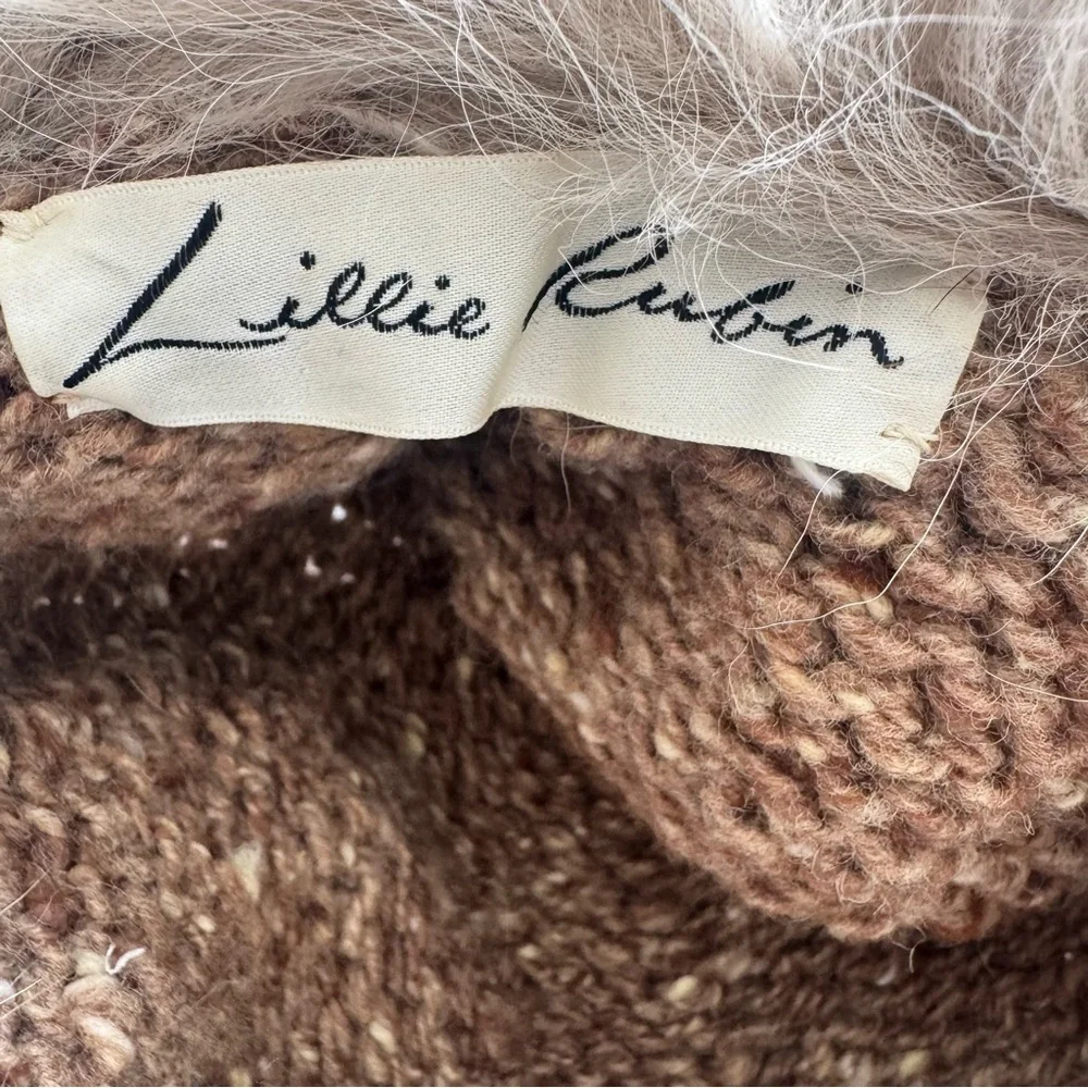 Vintage Lillie Rubin Knit Hat with‎ Fox Fur – Chunky Tweed Wool Crown Size S/M